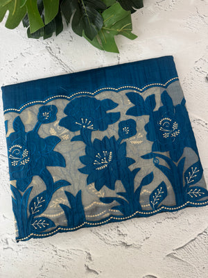 Blended tussar saree with organza applique applique borders MTSS452 Teal
