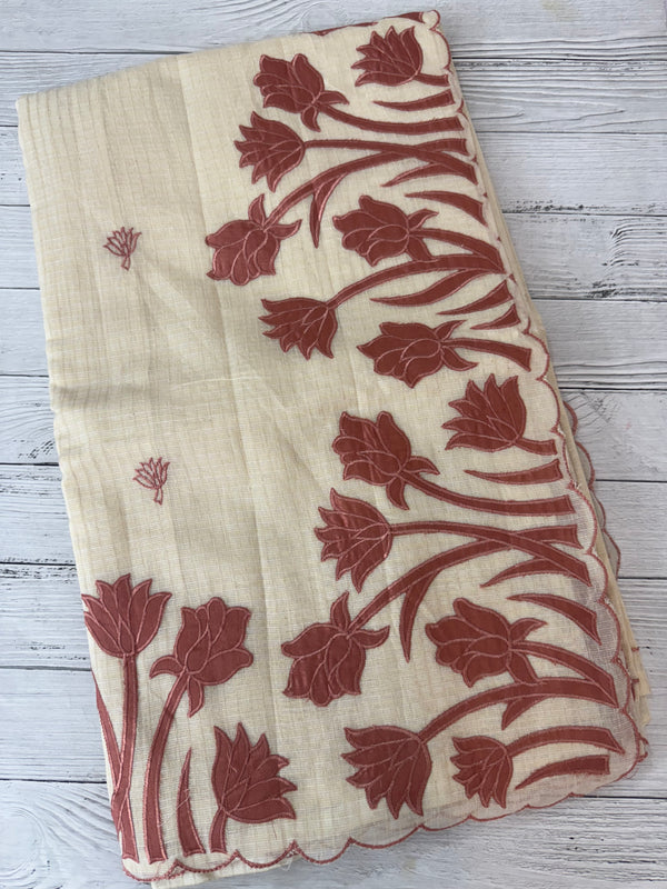 Jute Linen Applique work saree  -MSH128 Offwhite to DuskyPeach