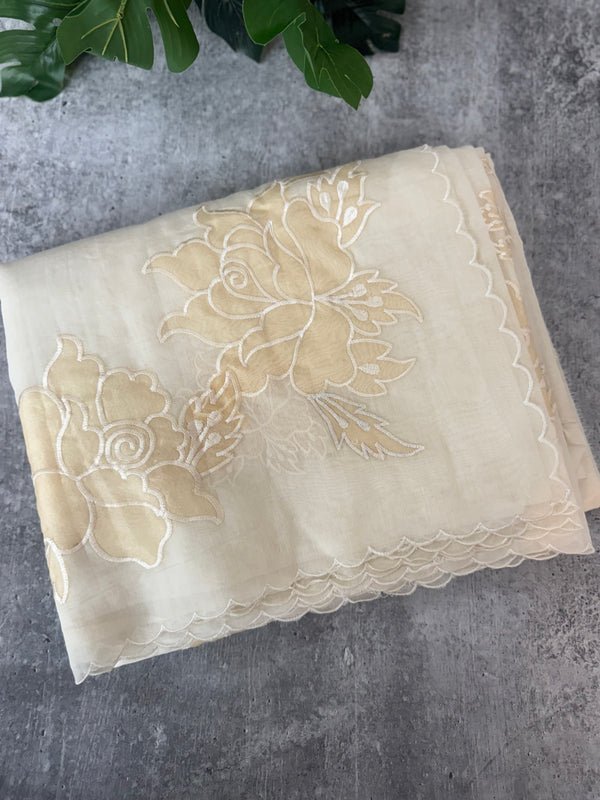 Mul chanderi applique work saree  MSH115 - Offwhite to Beige