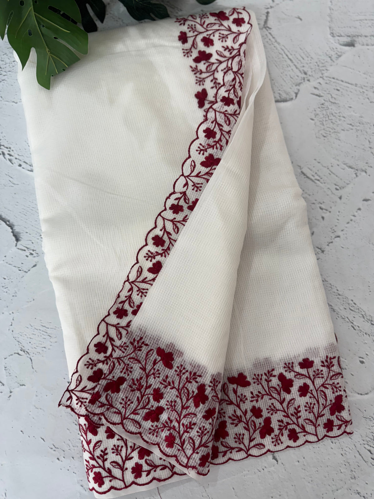 Premium Kota Moonga checks saree with embriodery borders MSH122 - White to DeepRed
