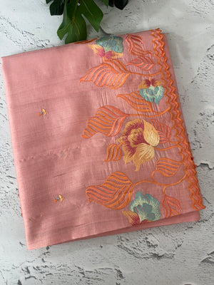 Crushed Blended tussar silk saree with embroidery- MTS355 - Peach