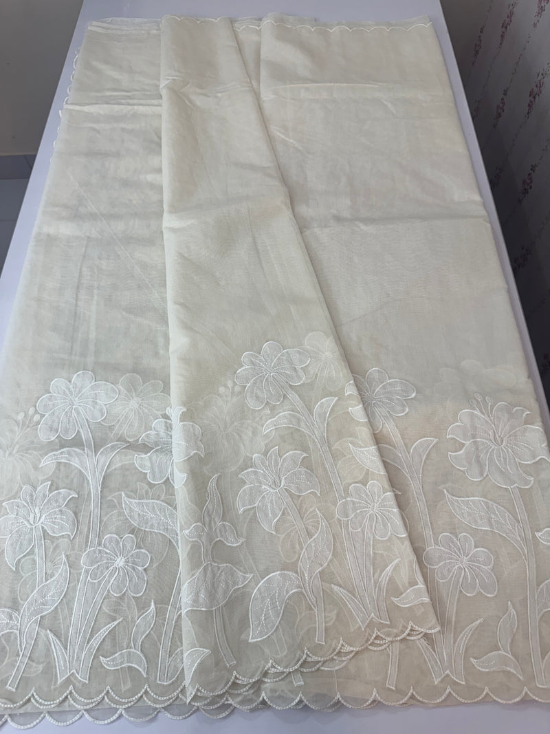 Mul chanderi applique work saree  MSH115 - Offwhite