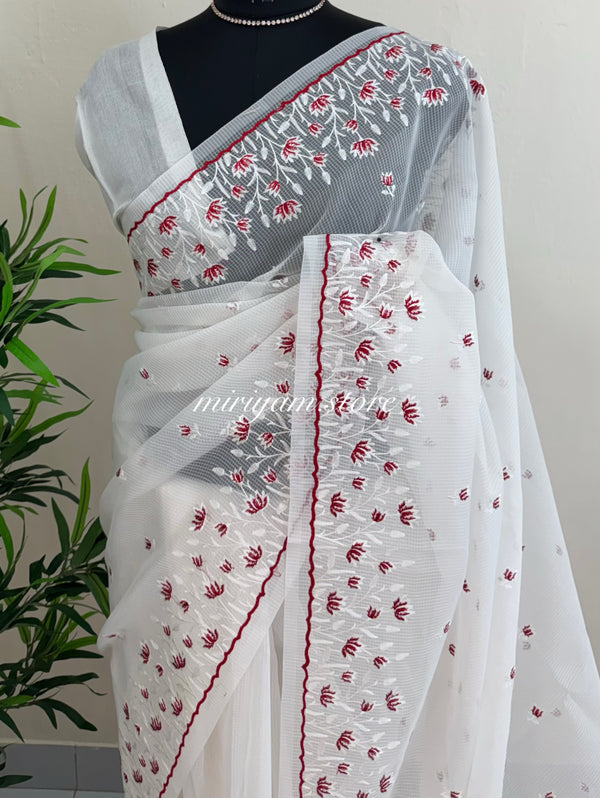 Kota silk embroidery saree MCKS561 White & Red