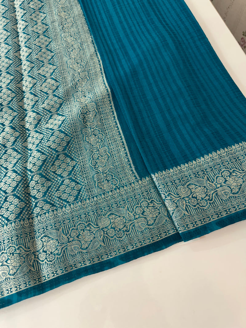 Silver Crepe Banarasi viscose Georgette saree with brocade blouse MS953211- TealBlue