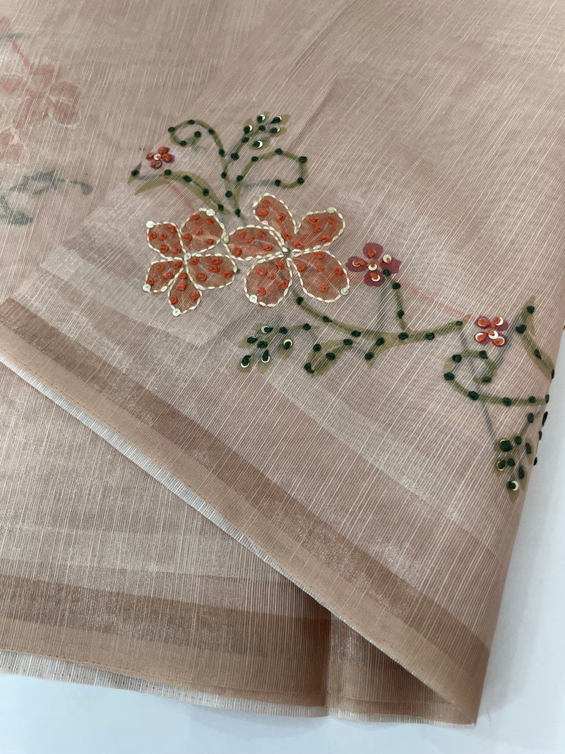 Soft Tissue linen saree with kanta embriodery saree FBLK72 - DuskyPeach