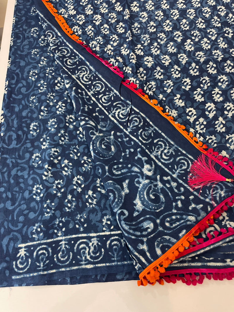 Pure mul cotton hand block printed saree SKSRMY
