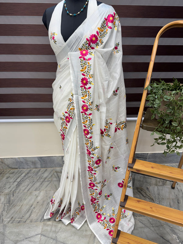 White Embriodery Linen saree MLS765