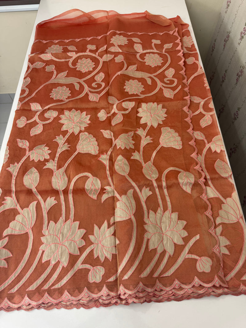 Dual tone Crush silk Organza Applique work saree MS14567- DuskyRustPeach