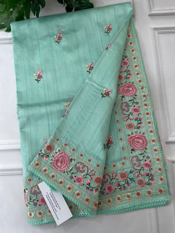 Blended tussar saree with floral embroidery -BISTNRIY PastelBlue