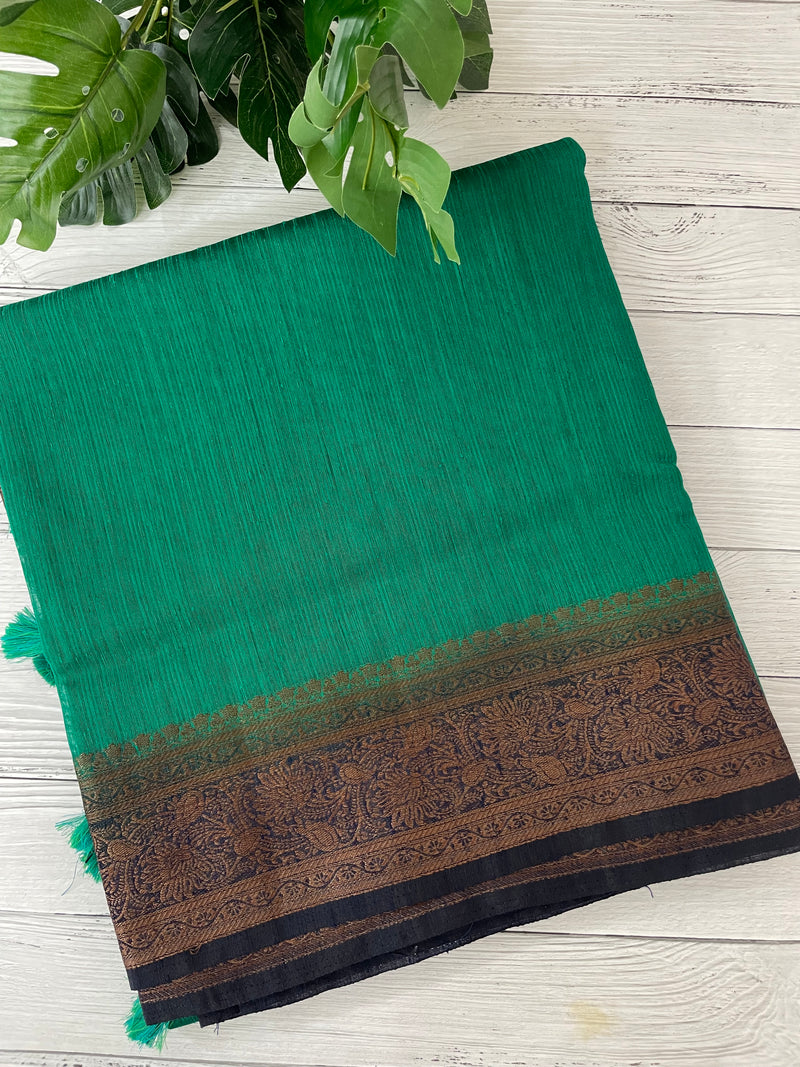 Jute silk sarees with contrast  pallu & blouse MJL324 Green to DarkBlue