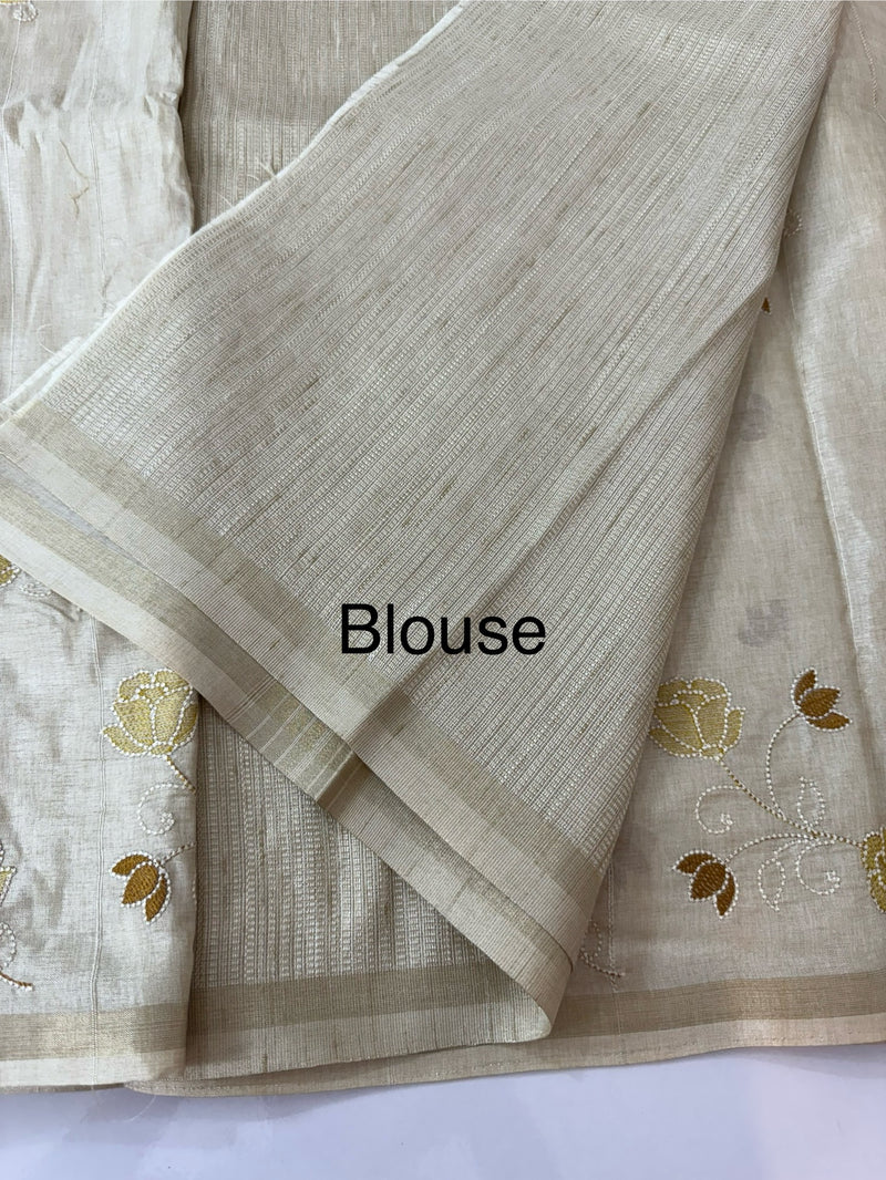 Blended soft tussar saree with embriodery - MS8186 Cream