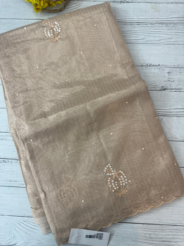 Tissue silk saree with mirror work and scalloped border MTSS432 - NudePink