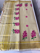 Kerala tissue cotton checks saree - Flower prints