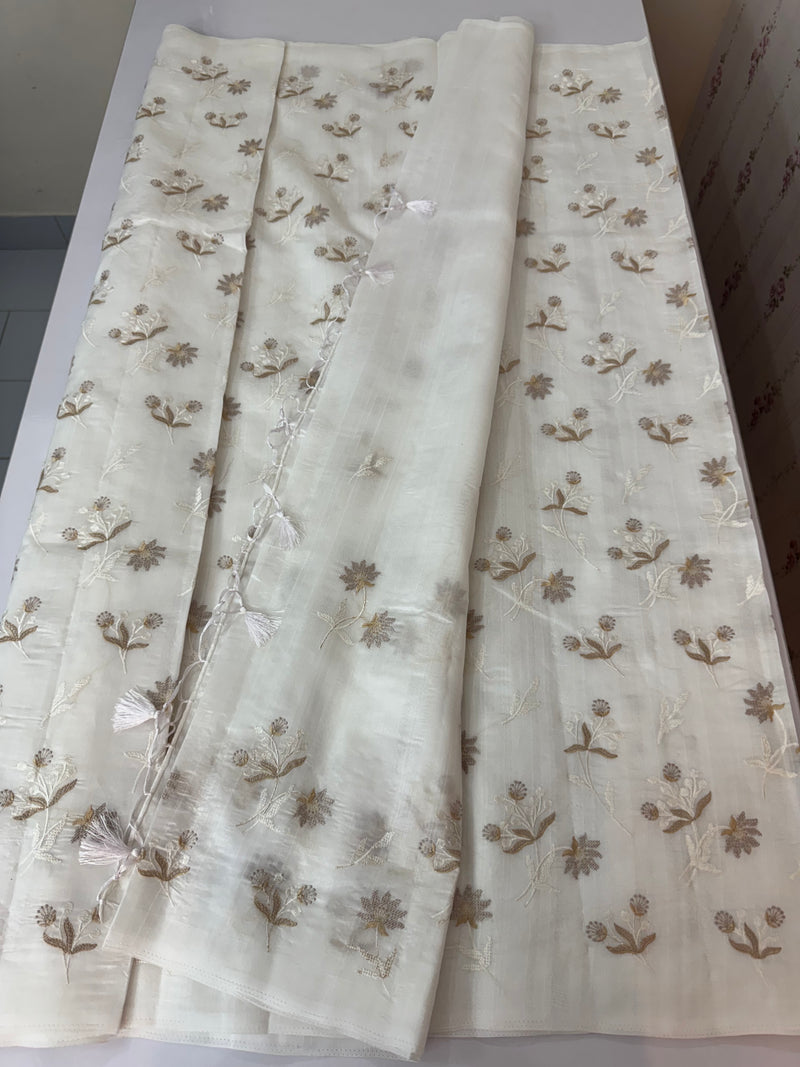 Crushed Blended tussar silk saree with embroidery- MSB7654 White