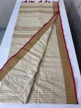 Linen checks saree with zari border MLS9766- Cream & Pink