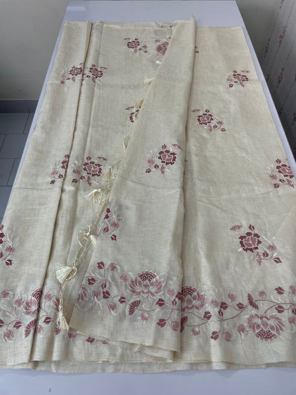 Blended tussar saree with embriodery - MS98765 Cream