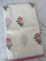 Lightweight Supernet saree with cross stitch embroidery MS142- White to Pink