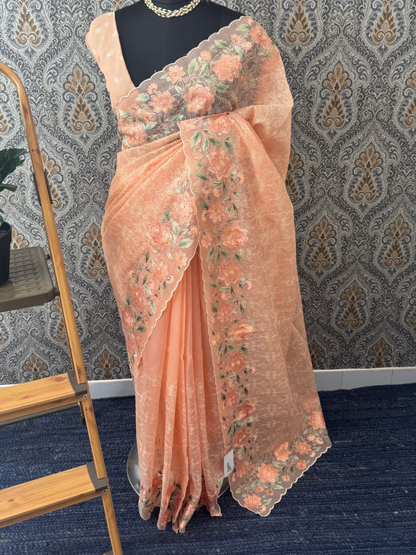 Phulkari NetKota embroidery saree - MPKS905 Peach