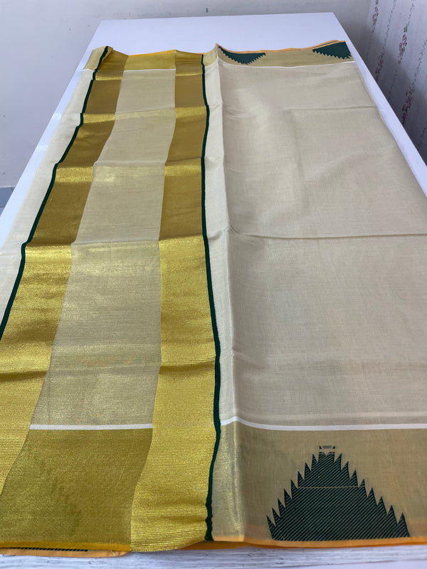Kerala gold tissue saree with temple border - Green
