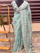 Floral printed Designer Organza Saree - MOS7120 BlueGreen