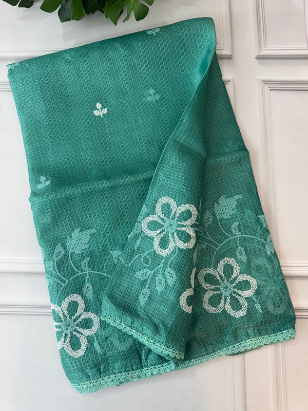 Soft kota checks saree with embroidery MSKC352 BlueGreen