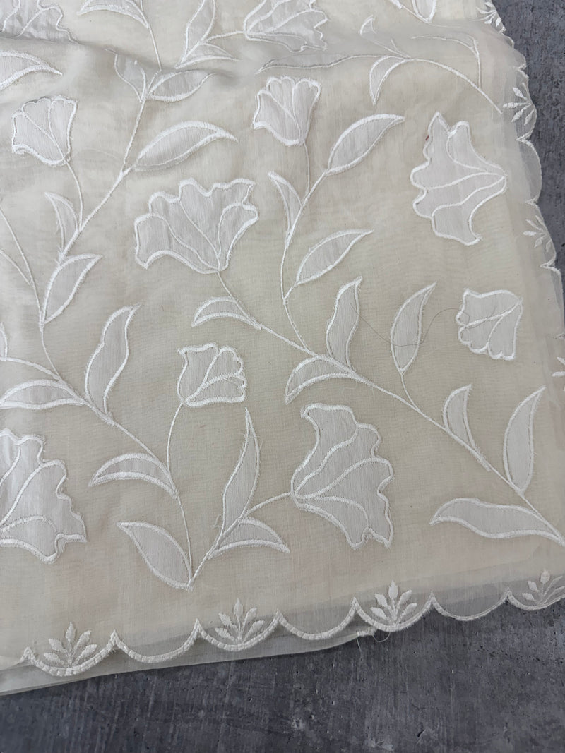 Mul chanderi applique work saree  MSH115 - Offwhite