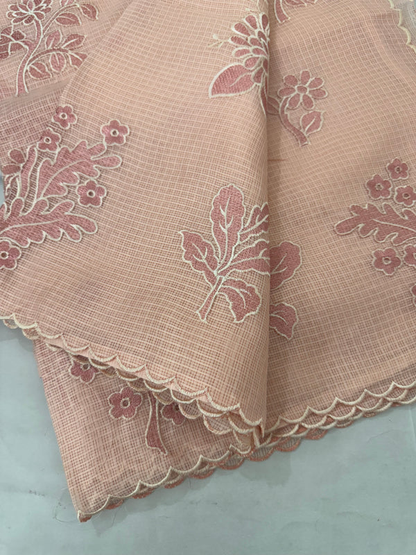 Soft kota silk saree with applique embroidery and scalloped border MS15232- PastelPeach