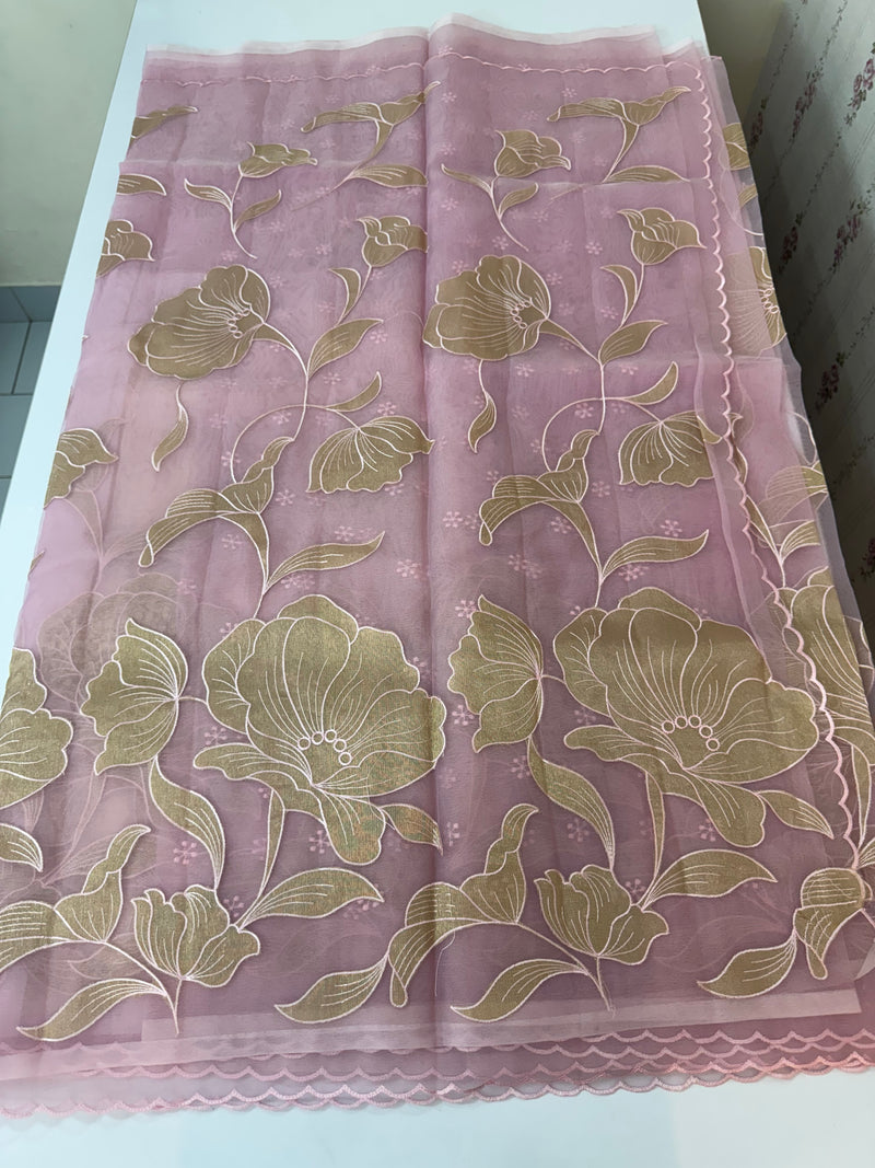 Organza saree with tissue applique work MS5081- Pink