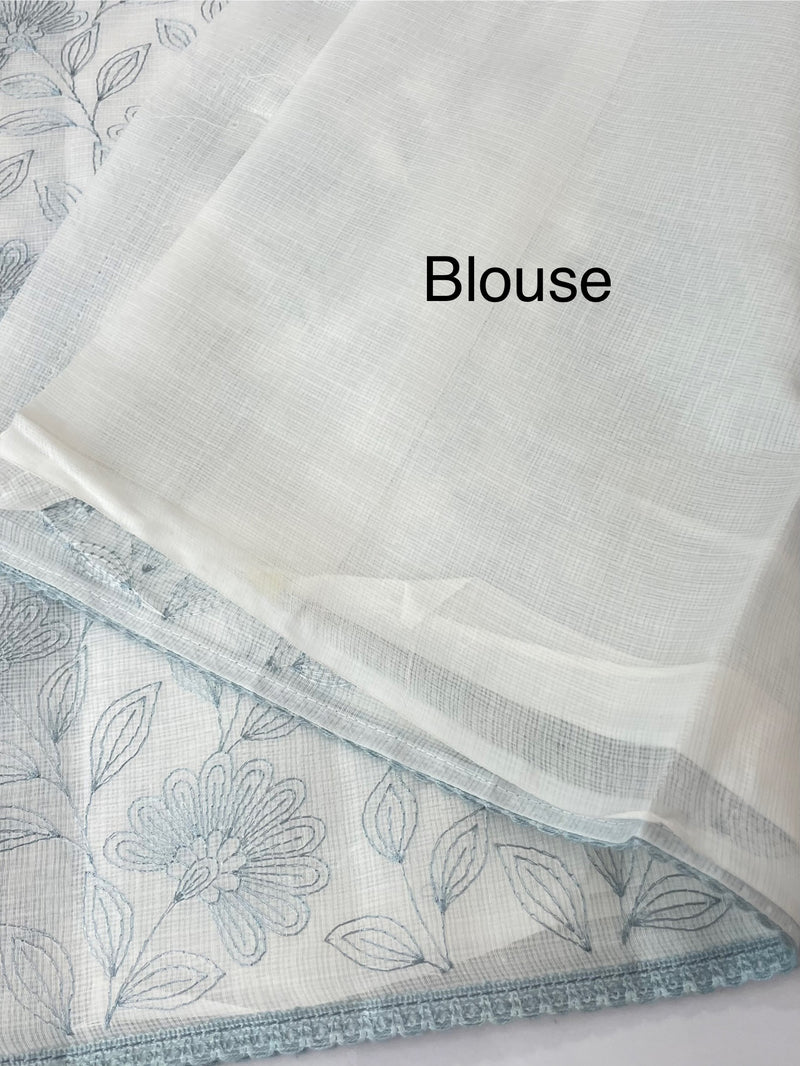 Kota cotton embriodery saree MS1490 - White & GreyishBlue