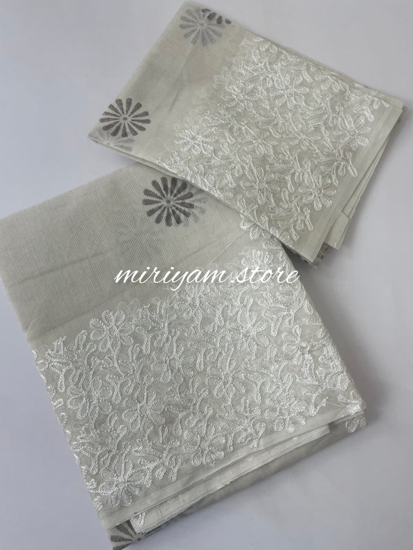 Supernet blockprinted saree with aari work MSUP311 LightGrey