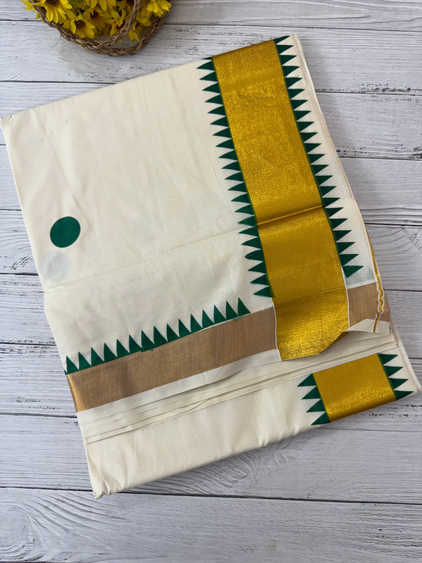 Kerala cotton saree - Green Polka dots