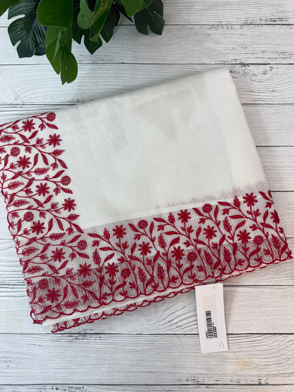 Kota silk saree with embroidery MSB643 White & Red