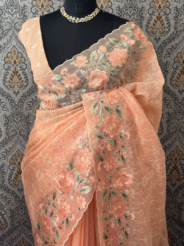 Phulkari NetKota embroidery saree - MPKS905 Peach