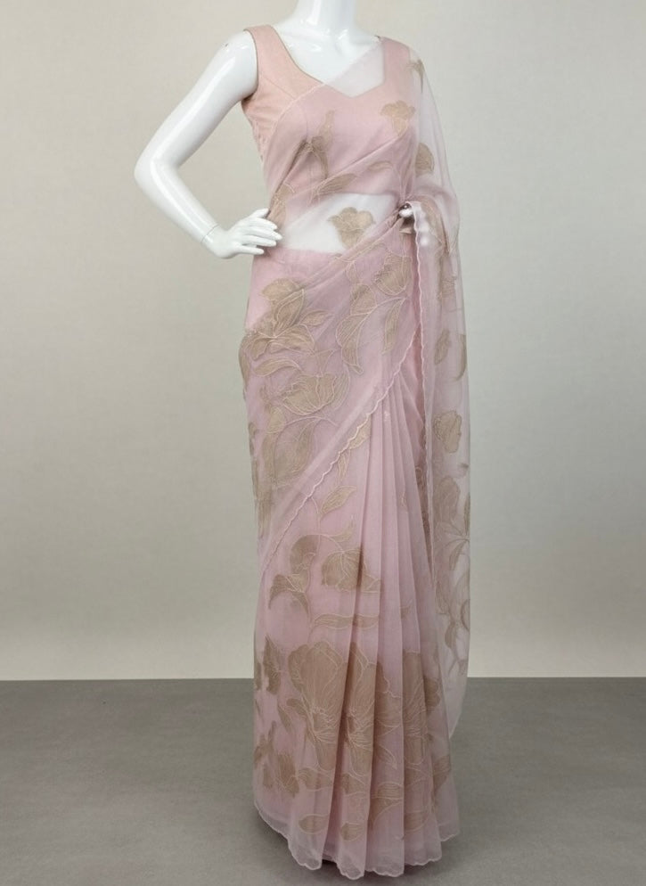 Organza saree with tissue applique work MS5081- Pastel Pink