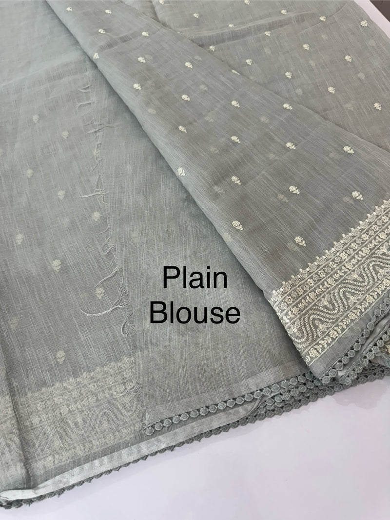Semi linen saree with chikanakari embroidery- MS15086 PastelGrey