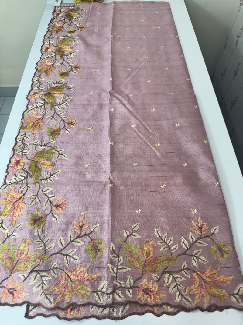 Crushed Blended tussar silk saree with embroidery- SNFCYEY- DuskyNude Pink