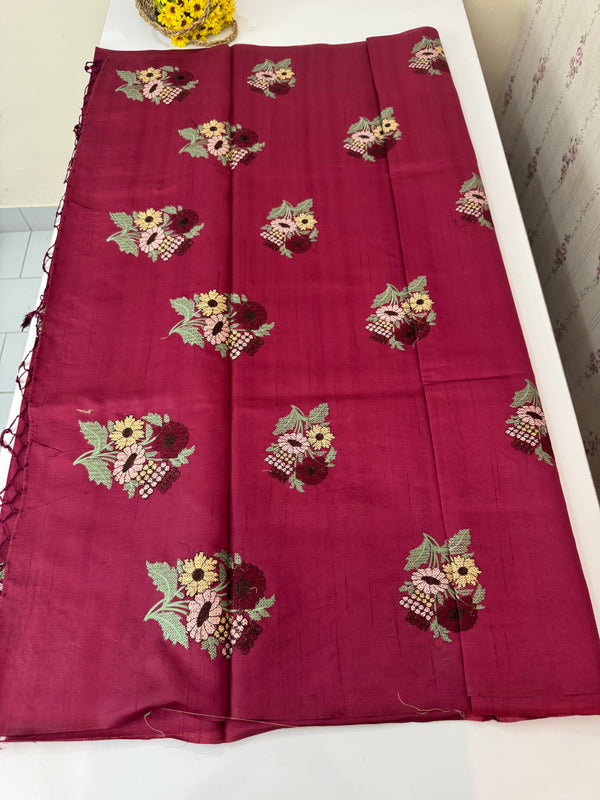 Blended tussar silk saree with embroidery - MS90654 Cranberry