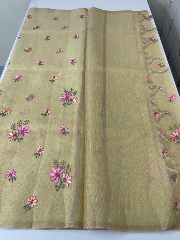 Tissue mix Soft silk saree with embroidery MS8189- Pastel DuskyYellow