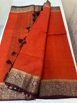 Semi Jute silk sarees with contrast pallu & blouse MJL391 - RustOrange to Coffee