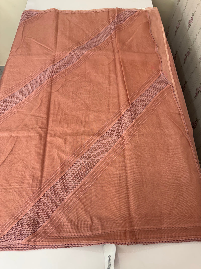 Supernet saree with crochet work and lace border MCJ5433 -Peach(Design - Diagonal Crochet)