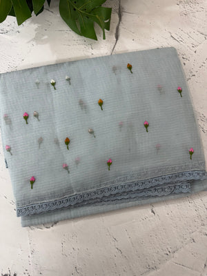 Kota checks saree with embroidery MS7679(1) - Grey