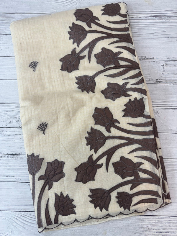 Jute Linen Applique work saree  -MSH128 Offwhite to DarkGrey