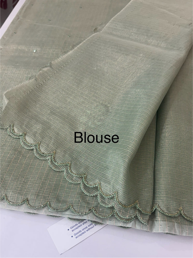 Tissue silk saree with foil work and cutdana scalloped border 
MTSS432 - DuskyGreen