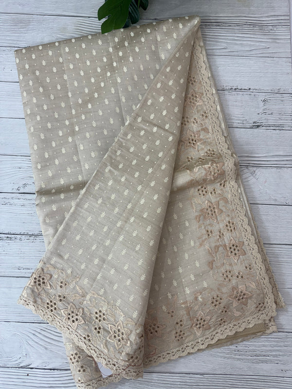 Cutwork blended tussar saree   - Cream MS5222
