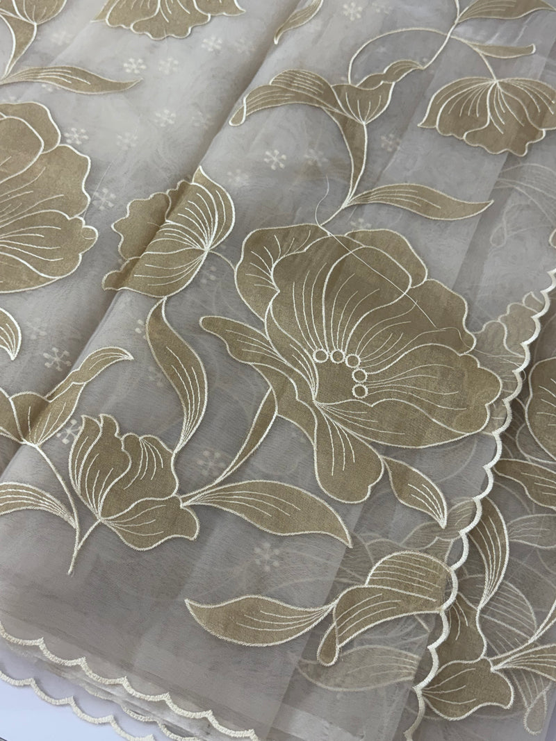 Organza saree with tissue applique work MS5081- CloudGrey