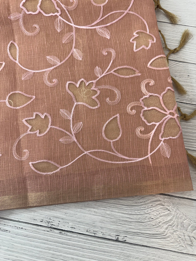 Tissue Silk applique work saree MS49811 - Peach