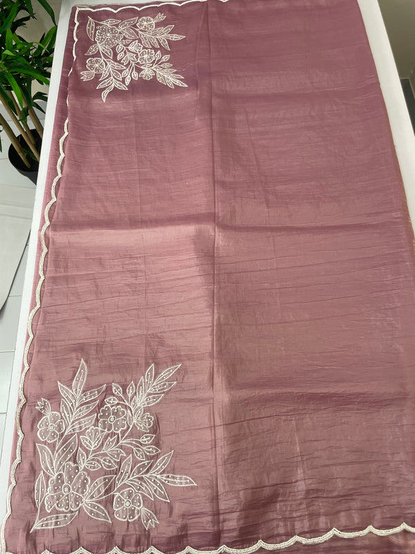 Designer Embroidery Organza Saree with applique work FCAD121 Onion pink