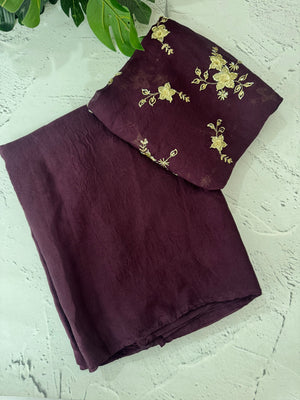 Plain crushed chiffon georgette saree with handworked blouse - MCB657 Wine