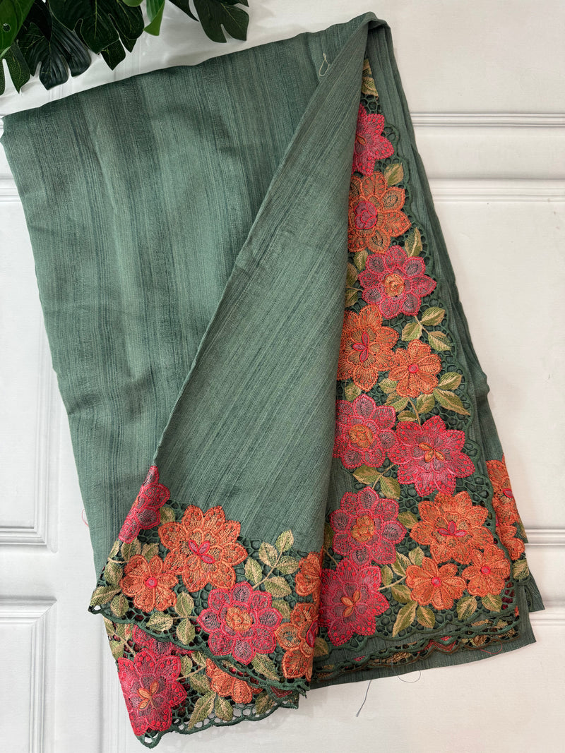 Blended Tussar georgette saree with cutwork borders - MS14140 DuskyGreen