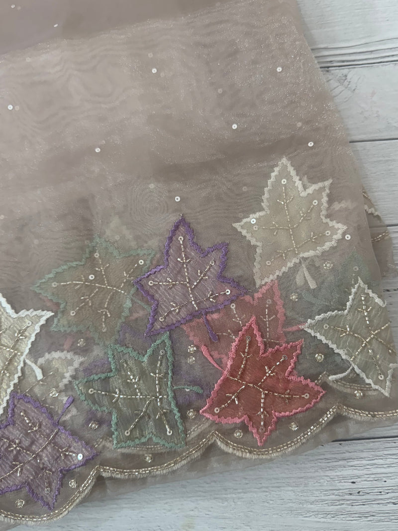 Handworked glass organza saree with applique work- MSHW227- GreyBeige